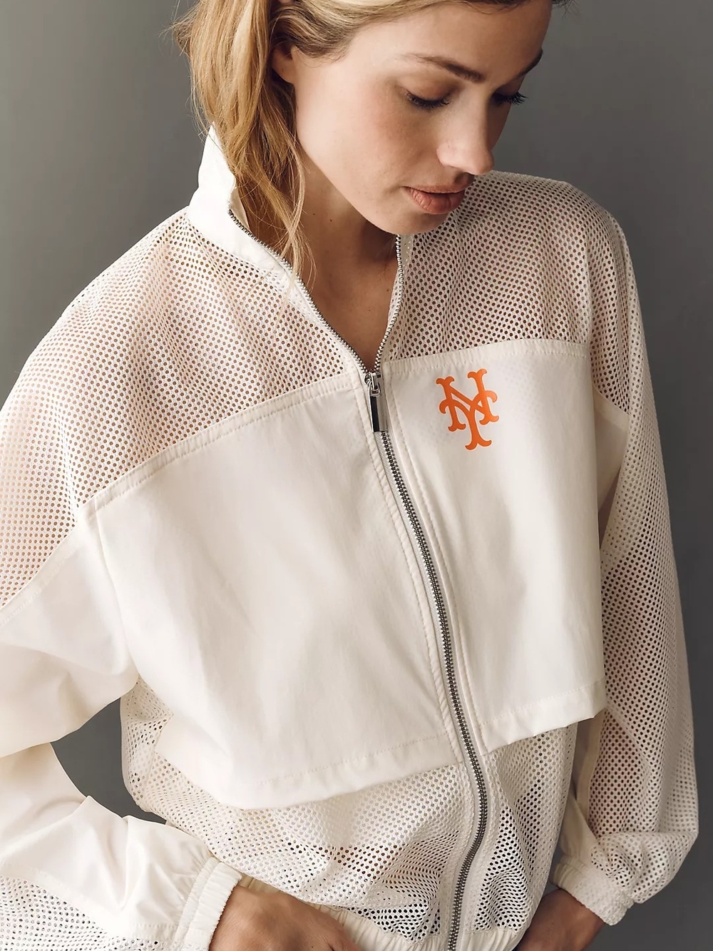 Women's Cream Mesh Zip-Front Jacket with NY Mets Logo